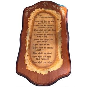 🕊️ ✝️ Vintage Mid-Century Ten Commandments Brass & Wood Wall Plaque  | 10x18